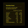Nutrition panel for a product with serving size and container details on a black background