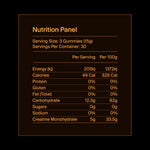 Nutrition panel for gummies with serving size and container details.