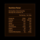 Nutrition panel for gummies with serving size and container details.